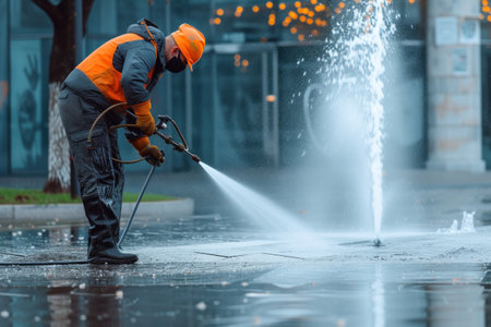 Man in Orange Vest Spraying Water on Streetの素材