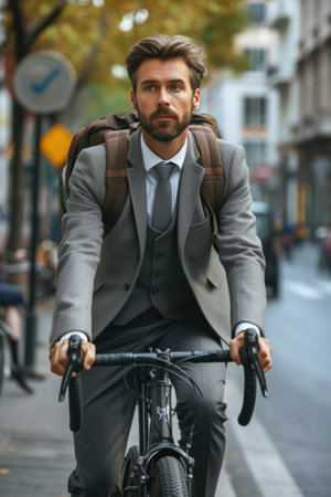 Man in a Suit Riding a Bike Down the Streetの素材