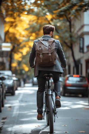 Man Riding a Bike Down a Streetの素材