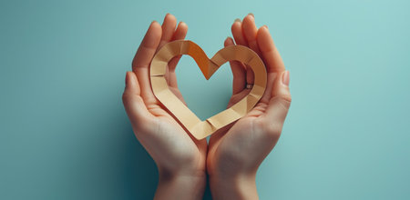 Two Hands Holding a Paper Heart Against a Blue Backgroundの素材