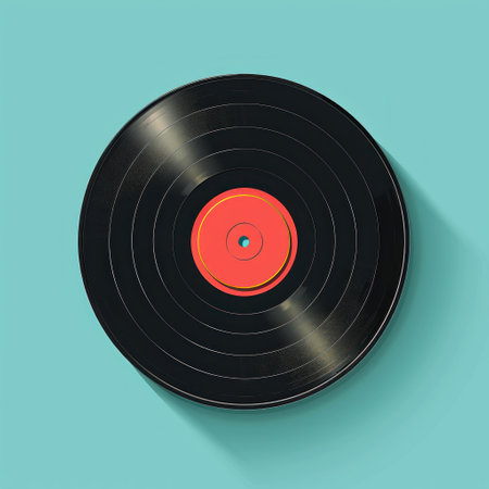 Black Record With Orange Center on Blue Backgroundの素材