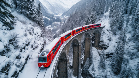 Red Train Crossing Snow Covered Bridgeの素材