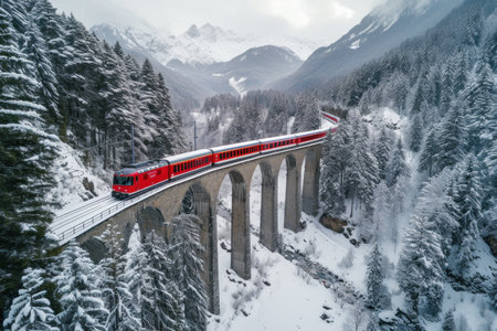 Red Train Traveling Over a Mountain Bridgeの素材