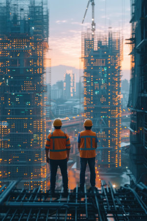 Two Construction Workers Standing on Top of a Buildingの素材