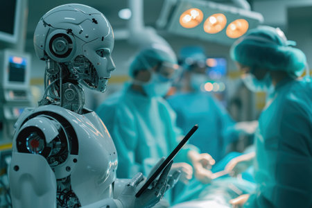 Robot Holding a Tablet in a Hospitalの素材