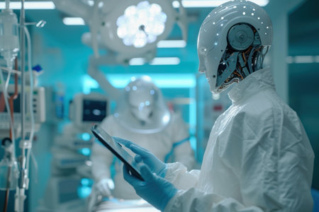 Man in White Suit and Mask Holding Tabletの素材