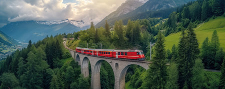 Red Train Traversing Mountain Bridgeの素材