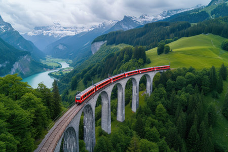 A Red Train Traveling Over a Bridge in the Mountainsの素材