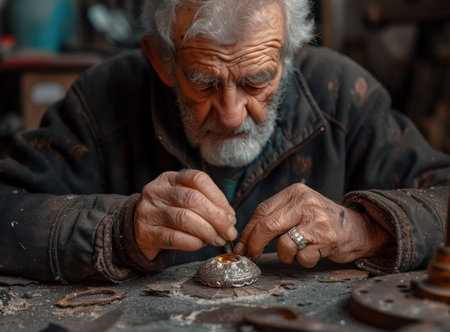 Elderly Man Working on Metalの素材