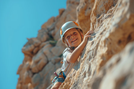 Young Boy Climbing Up the Side of a Mountainの素材