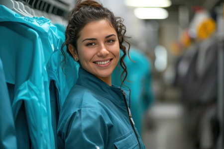 Woman Smiling Next to Rack of Shirtsの素材