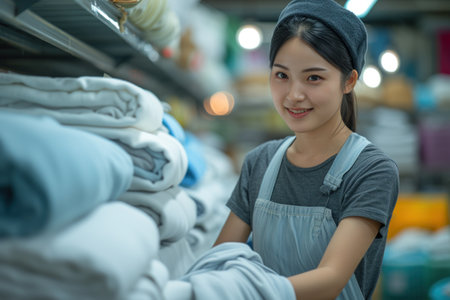 Woman in an Apron Working in a Factoryの素材
