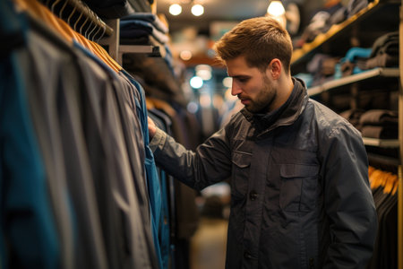 A Man Examining Clothes in a Shopの素材