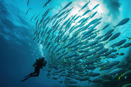 A Large Group of Fish Swimming in the Oceanの素材