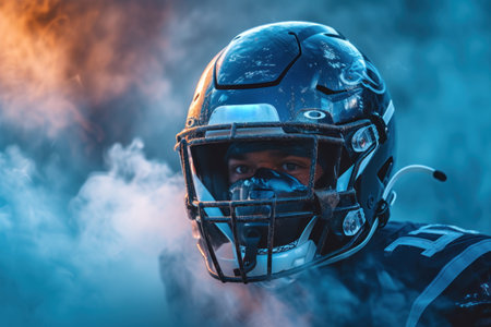 Close Up of a Football Player Wearing a Helmetの素材