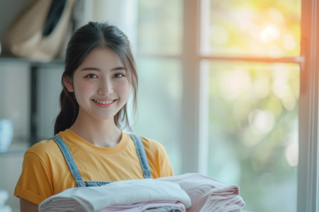 Young Girl Holding a Stack of Folded Towelsの素材