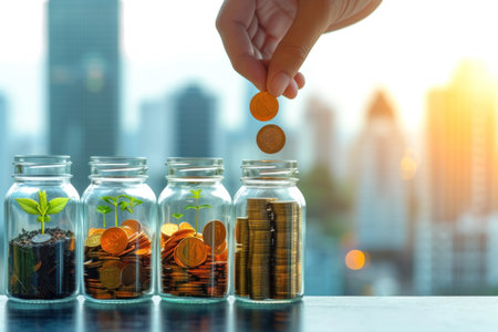 Hand Dropping Coin Into Jar Filled With Coinsの素材
