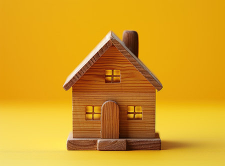 Wooden Toy House With Yellow Backgroundの素材