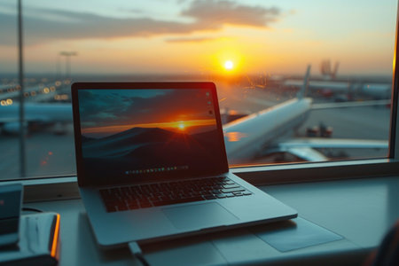 Laptop Computer on Desk Next to Windowの素材