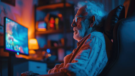 Elderly Man Playing Video Game in Chairの素材