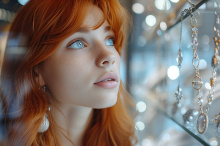 Woman With Red Hair and Blue Eyes Examining Jewelryの素材