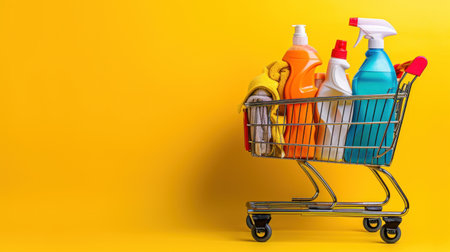 Shopping Cart Filled With Cleaning Products on a Yellow Backgroundの素材