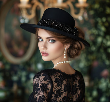 Woman Wearing Black Hat With Pearlsの素材
