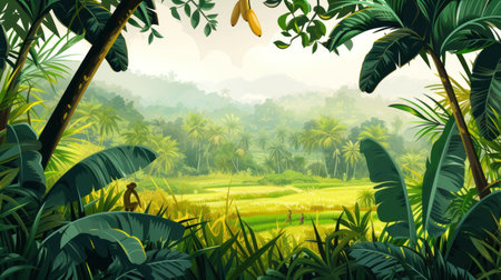 A Painting of a Jungle Scene With Banana Treesの素材