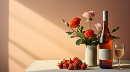 Bottle of Wine and Strawberries on Tableの素材