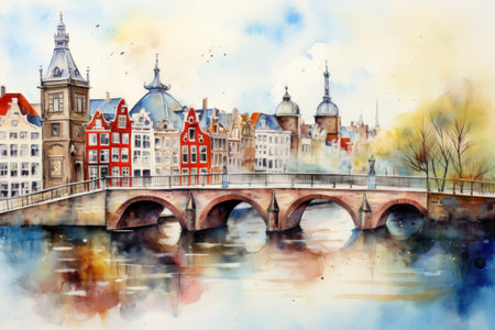 A Painting of a Bridge Over a Body of Waterの素材