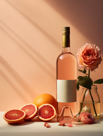 A Bottle of Wine and Grapefruits on a Tableの素材