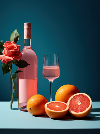 Bottle of Wine, Glass of Wine, and Grapefruit on a Tableの素材