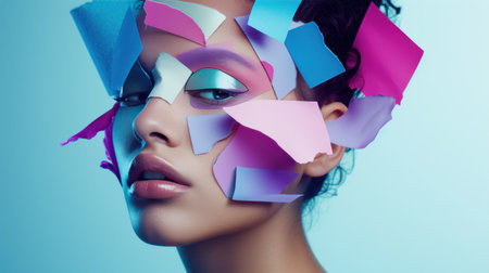 Womans Face Covered in Colorful Pieces of Paperの素材
