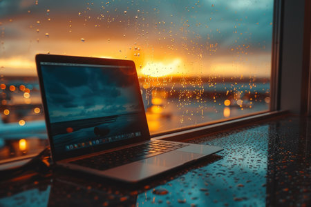Laptop Computer on Table Next to Windowの素材