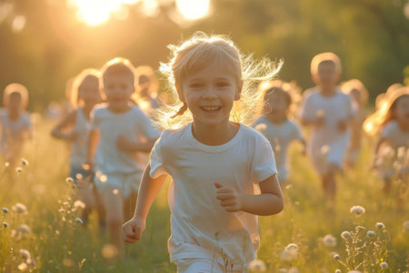 A Group of Children Running Through a Fieldの素材