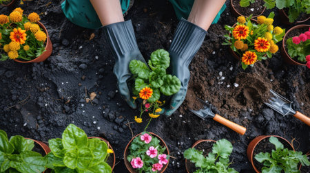Person With Gardening Gloves and Tools in a Gardenの素材