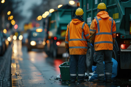 Men Standing Next to a Garbage Truckの素材