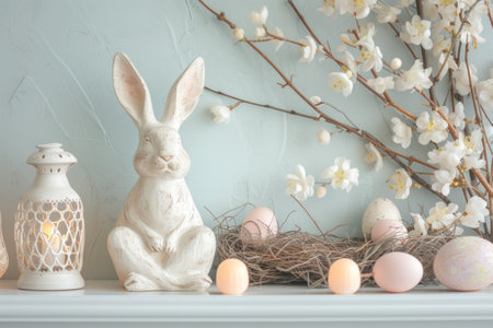 White Rabbit Sitting on Mantle Next to Eggsの素材