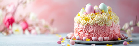 Easter cake with pink frosting and eggs on a light backgroundの素材