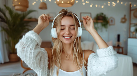 Beautiful young woman in headphones listening to music and dancing at homeの素材
