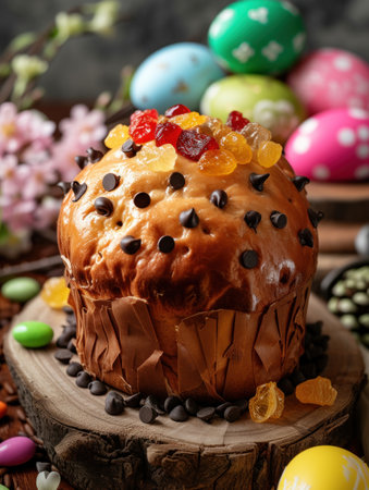 Easter cake with raisins and candied fruits on wooden backgroundの素材
