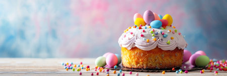 Easter cake and eggs on a wooden background. Selective focus.の素材