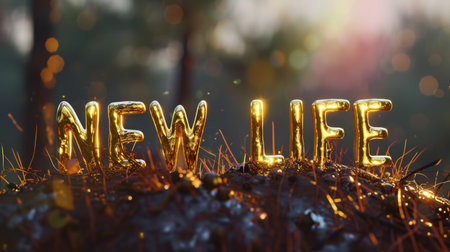 3d illustration of the word new life in gold letters on the groundの素材
