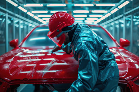 Worker in a protective suit and a red helmet works in a car service.の素材