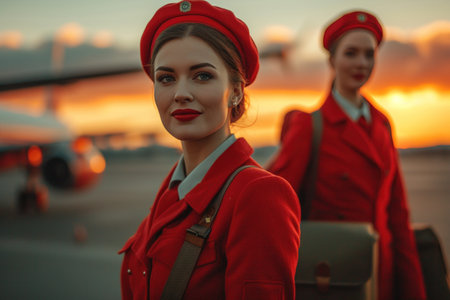 Woman in Red Uniform Standing Next to Man in Red Suitの素材