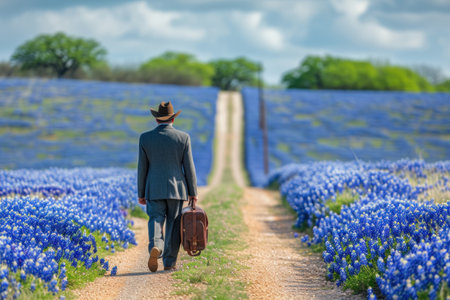Man Walking Down Dirt Road With Suitcaseの素材