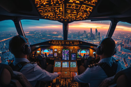 Two Pilots in the Cockpit Flying Over a Cityの素材