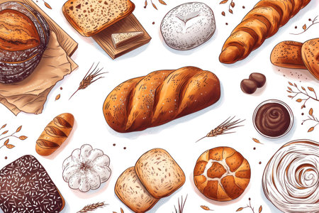 A Painting of Breads and Pastries on a White Backgroundの素材