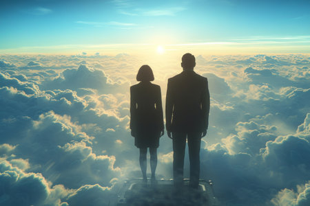 Two People Standing on a Ledge Above the Cloudsの素材