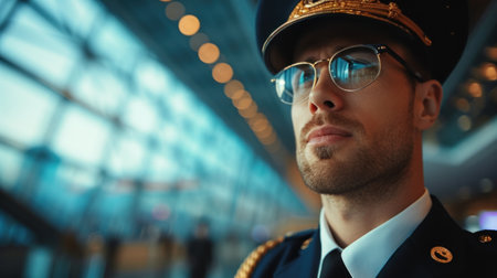 Man in Uniform and Sunglasses Looking Into the Distanceの素材